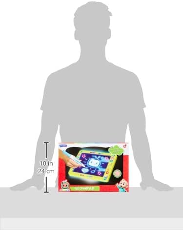 A person's silhouette holding the GLOWPAD, with measurements indicating 10 inches or 24 cm in height.