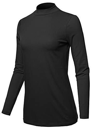 Basic Solid Soft Cotton Long Sleeve Mock Neck Top Shirts Black Size 2XL