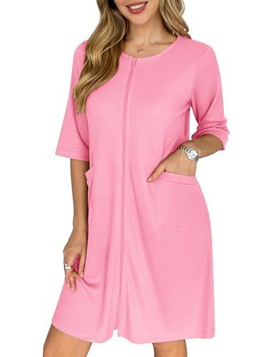 Image of Ekouaer Zip Up Robes for Women Short Waffle Bathrobe Lightweight house coat 3 /4 Sleeve Soft Nightgown with Pockets S-3XL