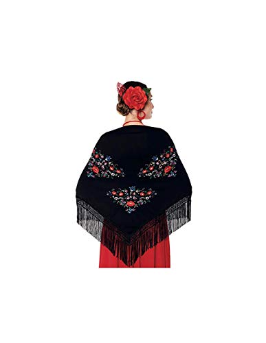 Châle Manille Chulapa Femme 【Taille adulte 150 x 60 cm 】[Couleur noire] Déguisement Chulapas Châle Flamenco brodé Saint Isidro