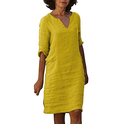 Leinenkleid Damen Große Größen Sommer V-Ausschnitt Kurzarm Sommerkleid Damen Knielang Leinenkleider Baumwolle Leinen Blusenkleid Casual Drucken...