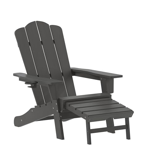 Flash Furniture Newport Adirondack - Portavasos y otomana extraíble, Silla de salón para Interiores y Exteriores, HDPE para Todo Tipo de Clima, Juego de 1, Color Gris