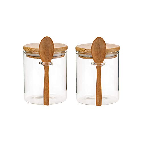 Glass Jar Containers with Bamboo Airtight Lid Wooden Spoon Scoop Food Storage Canister Clear Glass Containers Kitchen Organization Jars 2 PSC 450ML