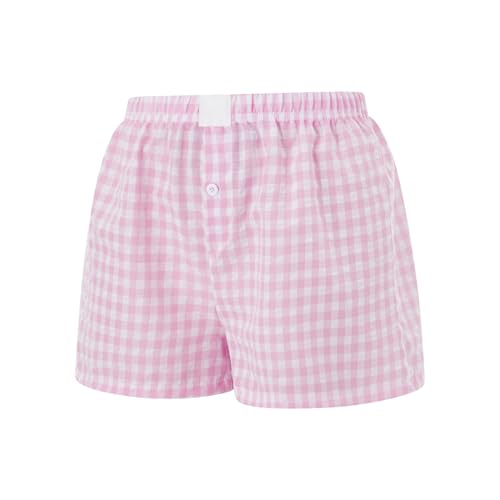 Image of Y2k Plaid Shorts Cute Baggy Ginghem Boxer Shorts for Women Checked Lounge Pajama Bottom Preppy Sleep Pj Shorts