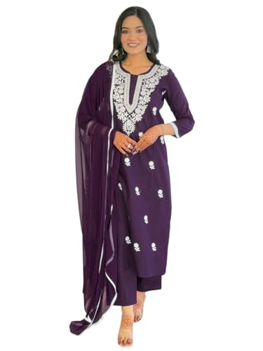 Image of Naixa Women's Cotton Embroidered Straight Kurta with Pant and Dupatta Sets (Available in Plus Size) (NX-574)