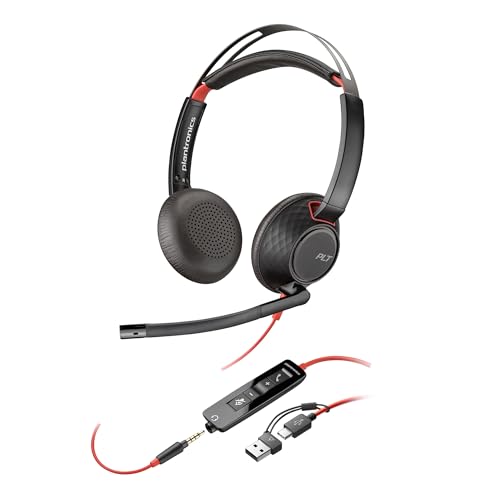 Micro-casque filaire Poly Blackwire 5220 – Perche microphone antibruit flexible – Conception ergonomique – Connexion à un PC/Mac, téléphone portable...