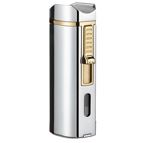 Cigar Lighter Butane Windproof 3 Flame Lighter with Punch and Visible Transparent Window Flame Adjustment(Silver1)