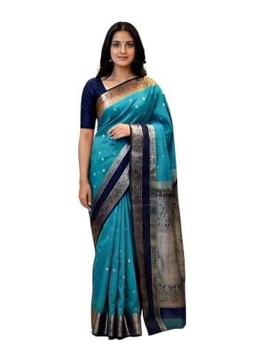 ZHANAKI VASTRA Women’s Premium Teal Blue Mysore Crepe Silk Saree with Contrast Navy Zari Border Elegant Festiv