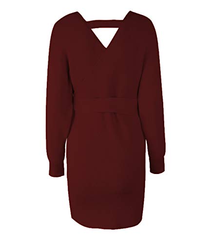 Mansy Women's Sexy Cocktail Batwing Long Sleeve Backless Mock Wrap Knit Sweater Mini Dress Burgundy - Thumbnail 6