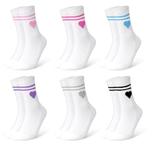 HAGOT 6 Paar Damen Tennis Socken, Tennissocken Damen, Frottee Sohle Atmungsaktiv Baumwollsocken, mit Streifen Herz Weiß Tennis Socken