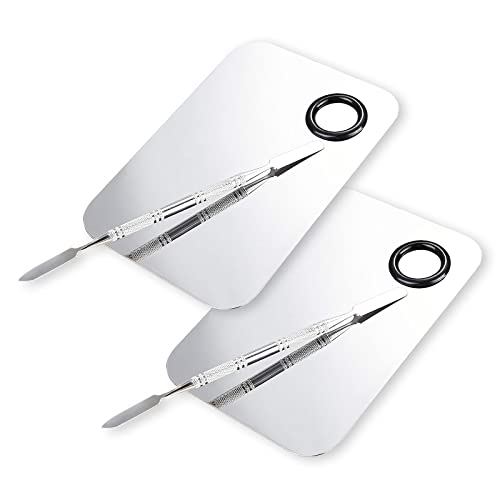 ALIOBC Paleta de mezcla de maquillaje, paleta de base de metal de acero inoxidable mejorada con espátula, herramienta de artista para mezclar base de uñas, tamaño 4.5 x 2.9 pulgadas (2 piezas)