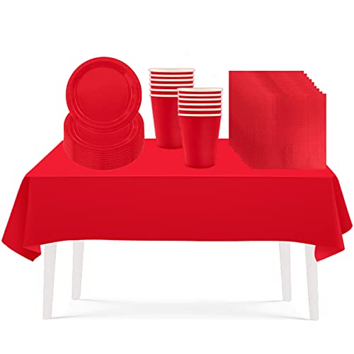 53PCS Classy Red Party Tableware Decorations for Kids Christmas,Disposable Tableware Set Tablecloth Table Covers,7inch Paper Plates,Paper Napkins,Cups for Xmas Birthday Wedding Party Favor