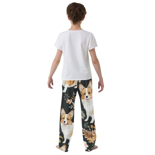 Corgi Dog Wild Flowers Boys Long Pants Soft Trousers Elastic Waist Kids Lounge Bottoms with Pockets S-XL3