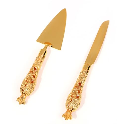 2-piece Exquisite Cake Knife and Shovel Server Set for Baking Kitchen Utensils Gold Knife and Shovel Triangle Pizza Cake and Dessert Knife and Shovel Combination (B)