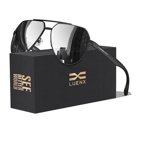 LUENX Aviator Sunglasses for Men Women Polarized Classic Pilot Shades Driving Sun Glasses UV400 Protection 61mm Silver Mirror Lens Matte Black Frame