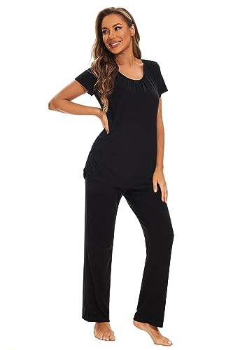Smallshow Deman Stillpyjama Kurzarm Umstandsmode Schlafanzüge für Stillzeit,Black,M