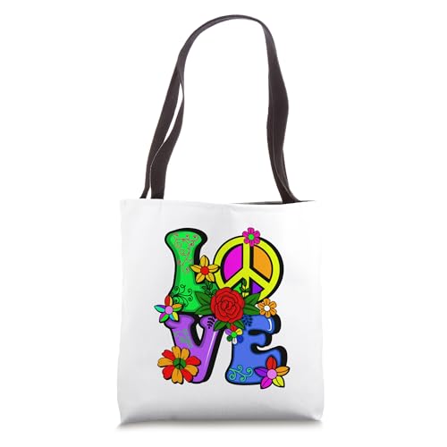 Retro 60's 70's Flower Power Hippy, Groovy Love Peace Hippie Tote Bag