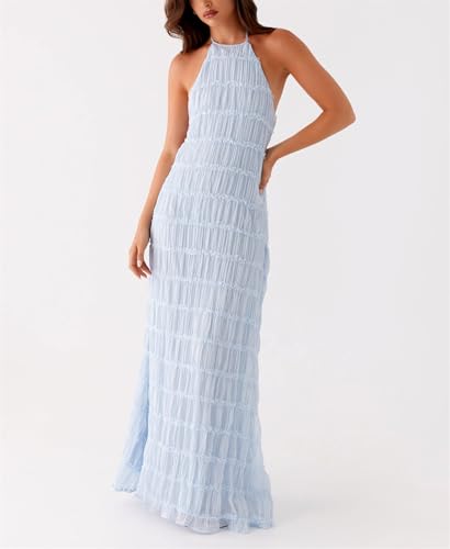 Image of Women Halter Ruched Maxi Dress Backless Sleeveless Long Dress Bodycon See Througn Pleated Sundress Beachwear