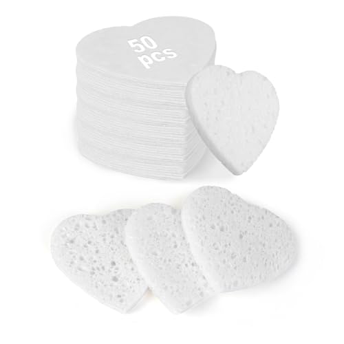 HUAXIN BIOTECHNOLOGY 50-Count Heart Shape Compressed Facial Sponges 100% Natural Cellulose Face Sponge Spa Sponges for Removing Dead Skin Dirt and Makeup(White)