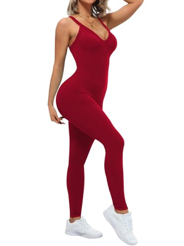 VUTRU Women Romper Sexy Cross Strap One Piece Bodysuit Workout Tummy Control Athletic Sleeveless Romper Jumpsuits, Red M — view 2