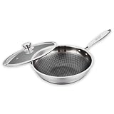 HEATEK ® Sartén de acero inoxidable de triple capa con tapa de cristal | Antiadherente y antiarañazos | Apta para todas las placas de cocción (Wok)