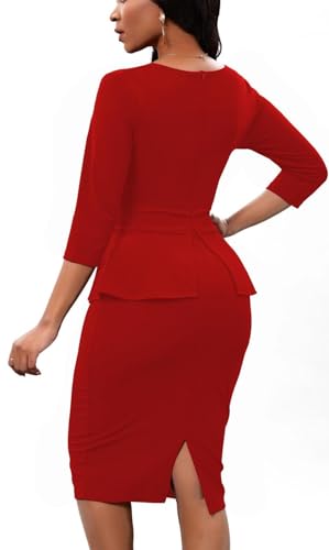 Women Fashion Peplum Bodycon 3/4 Sleeve Bow Wear to Work Club Business Formal Ruffle Pencil Party Dress Red XX-Large3