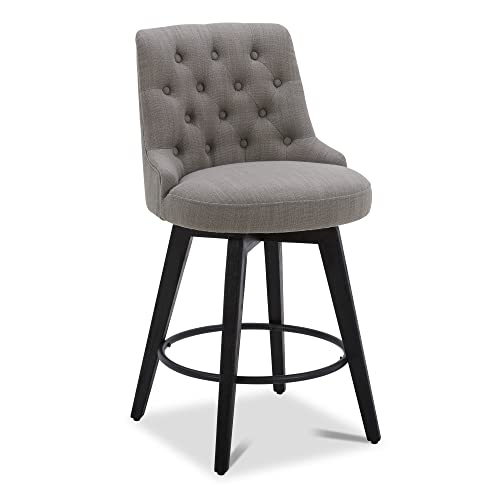 Image of Watson & Whitely Counter Height Bar Stools Swivel Barstools, Fabric Grey | Upholstered Modern Barstool with Back, Solid Wood Legs, 26 inch H Seat
