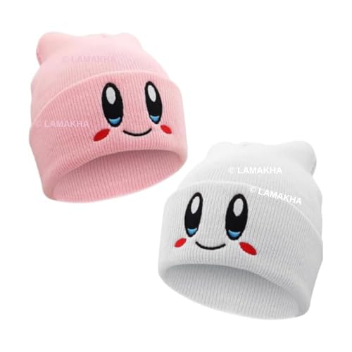 LAMAKHA 2 Packs Kid-by Beanie Adult Size Anime Hat Accessory Kawaii Medium-Large (Acrylic Pink & White)