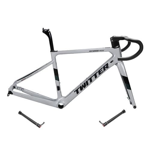 MirOdo Road Bike Frameset with Fork and Handlebar 700C*45/48/51/54cm Carbon Fiber Disc Brake Frame Integrated Handlebar Thru Axle F12*100mm R12*142mm Internal Routing(Color:Silver,Size:48cm)
