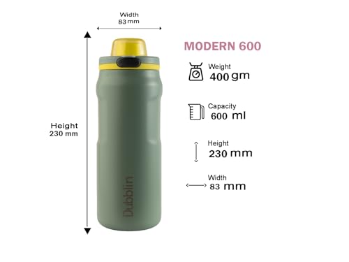 Image of Dubblin Modern Water Bottle 600 ML | Double Wall Vacuum Insulated Stainless Steel Bottle | Keeps Water Hot & Cold | No Sweat | Leak Proof | BPA Free (Green)