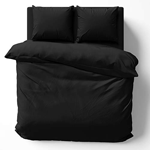 Alreya Mako Satin Housse de Couette 100% Coton - 200x220 cm Noir - Parure de lit avec 2 taies d'oreiller 80x80 cm avec Fermeture éclair