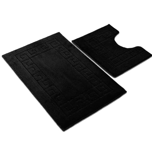 Ambience Products Greek Key Pattern Bath Mats 2 Piece Sets Non Slip Bathroom Mat, Soft Washable Rug Quick Dry Water Absorbent Bathroom Shower Mat & Pedestal Set (Black)