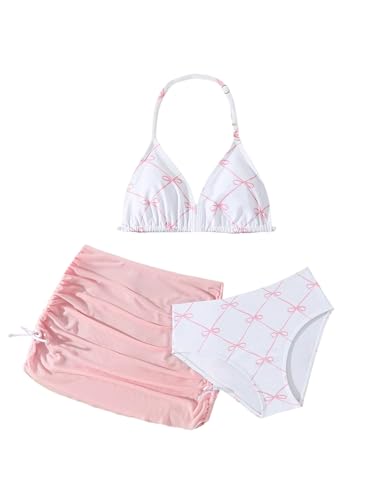RoseSeek Girl's 3 Piece Cute Bowknot Bathing Suit Halter Triangle High Waisted Swimsuit with Beach Cover Up Skirt Pink 11 Years