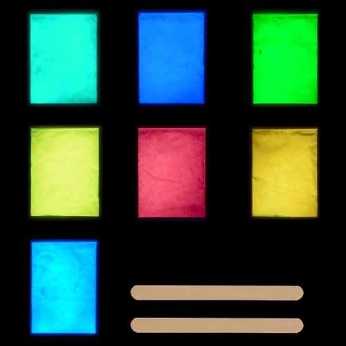 Nurila 7 Farben Leuchtender Epoxidharz Farbe Pigment, Glow in the Dark Pulver mit 2 Rührstäbchen, Nachtleuchtende Farbe für Malen, Basteln, Nailart, Epoxidharz, Mica Pulver Leuchtpulver je 10g