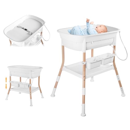 Baignoire & Table à Langer Bébé, Hauteur Réglable, Grand Espace de Rangement, Structure Stable, Facile à Déplacer avec 4 Roulettes, Drainage Facile de la Baignoire, jusqu’à 15kg