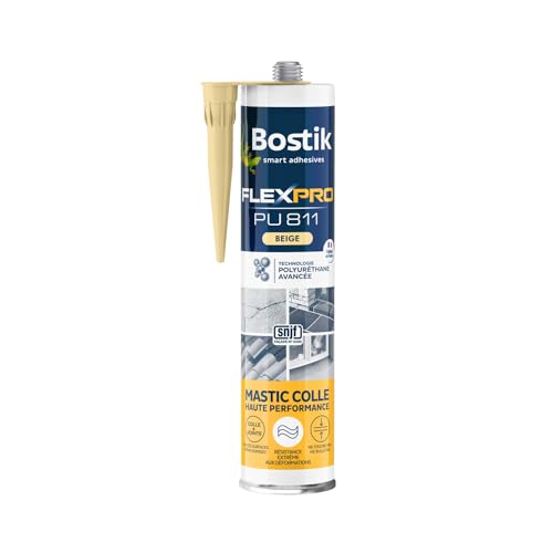 Bostik Mastic Colle Flexpro PU811 – Colle et Jointe Tous Matériaux – Multi-Usages – Intérieur/Extérieur et Milieux Humides – Formule Polyuréthane Haute Performance – Couleur : Beige – 300 ml