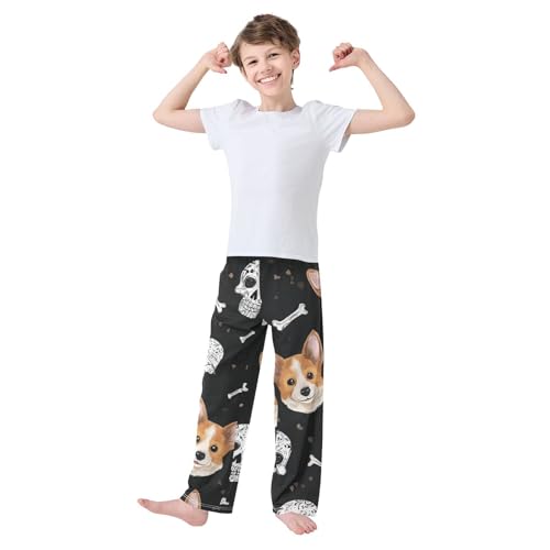 Skull and Corgi Dog Boys Long Pants Soft Trousers Elastic Waist Kids Lounge Bottoms with Pockets S-XL3
