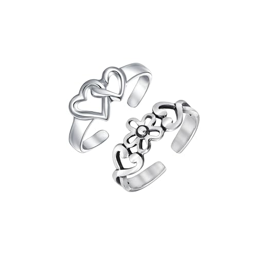 Anillos de dedo del pie con corazones y flores filigrana de plata pulida
