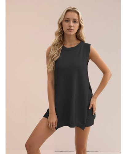 Perbai Conjunto feminino de 2 peças de tricô de malha sem mangas, conjunto de shorts para férias e p