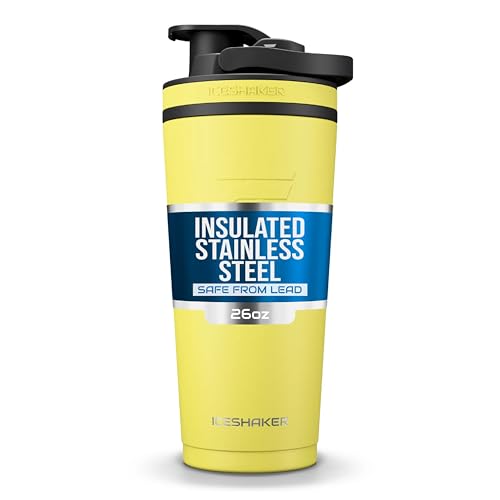 Ice Shaker Insulated Stainless Steel Shaker Bottle | 26oz, Yellow | Cold for 30+ Hours | Insulated Cup with Twist-on Agitator | Odor-Free Bottle for Protein Shakes, Water, Smoothies, Cocktails