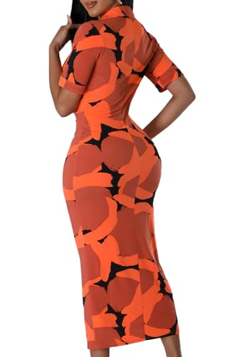 Image of ZERMOM Women's Button Down Shirt Dress Short Sleeve Print Collar V Neck Summer Bodycon Midi Dresses