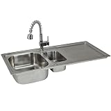 Lavello Cucina KuKoo in Acciaio Inox 1.5 Vasche 105x50 cm con Sgocciolatoio Reversibile – Miscelatore Padstow con Doccetta Estraibile 60 cm, Kit Scarico e Installazione Inclusi