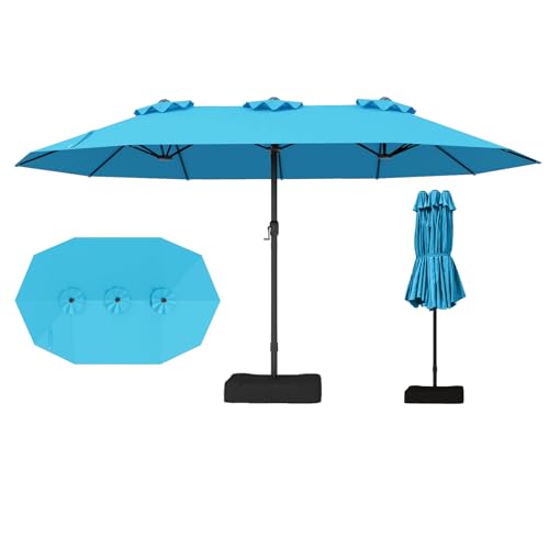 RELAX4LIFE Grand Parasol Double avec Pied 4,7M, Grand Parasol de Jardin Extérieur avec Manivelle, 12 Baleines, Base Croix, Sacs de Sable, Ventilé, Protection Solaire pour Terrasse Marché (Turquoise)