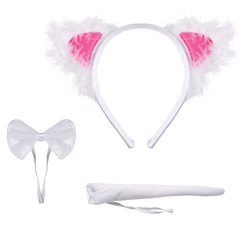 LUX ACCESSORIES White Colored Cat Pink Ears Ribbonbow Tail Costume Dressup