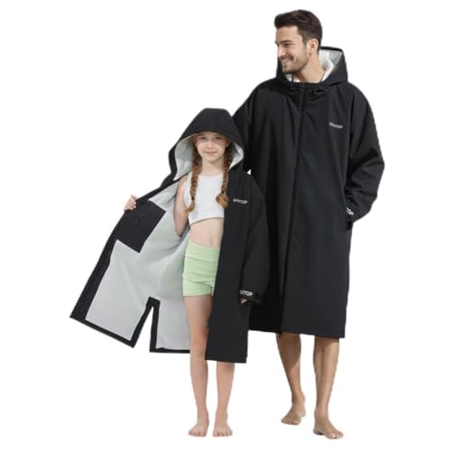 Owntop Waterproof Changing Robe for Adults - Lightweight Dry Beach Rode with Warm Terry Lining | Oversized Batwing Long Sleeves Hooded Coat | for Surfing Swimming (Black,M)