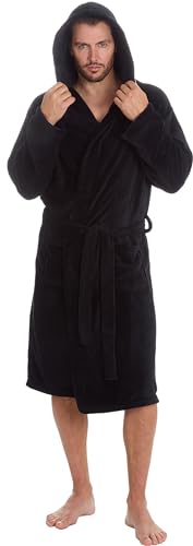 MICHAEL PAUL Dressing Gowns for Men | Super Soft Luxury Hooded Dressing Gown Black Grey Navy | Men's Warm and Cozy Fleece Nightwear Robe | Gifts for Men M BLACK