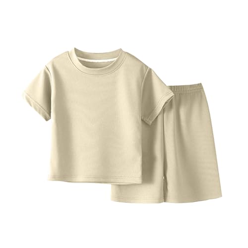 Beige Boys Athletic Short Sets 2 Piece T-Shirt and Shorts for Kids Summer Outfits Crew Neck Short Sleeve Tops and Mesh Joggers Shorts Sportwear Loose Casual Tracksuits Vacation Clothes 11-12 Years