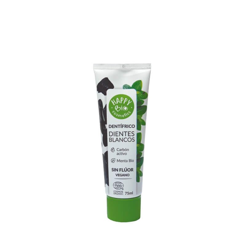 HAPPY BIO - Pasta de Dientes Natural, Dientes Blancos con Carbón Activo y Menta, Sin Flúor, 75 ML, Pasta De Dientes Vegana, Sin Gluten, Con Certificación Ecológica