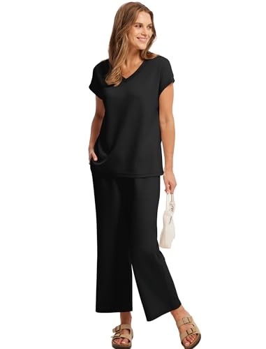 Image of Saloogoe Two Piece Sets for Women Summer Outfits Lounge Sets V Neck Tops Wide Leg Pants Woman Vacation Travel Outfits