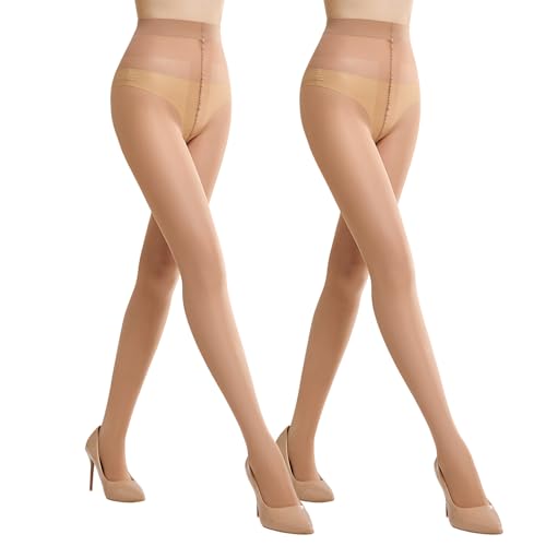 MANZI 2 Pairs Sheer Tights for Women 40 Denier T-Crotch Pantyhose Sheer to Waist Tights High Waist Stockings Large-X-Large 2 Pairs Natural Nude